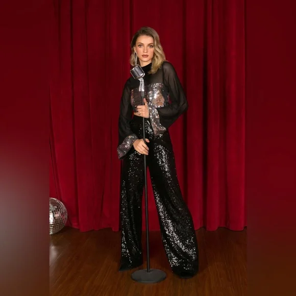 NEW Women’s Sequin Wide Leg Trousers Black M - Picture 7 of 13